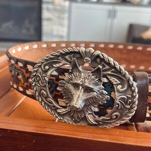 Justin Aztec Genuine Cowhide Leather Belt with Vintage Metal Wolf Buckle